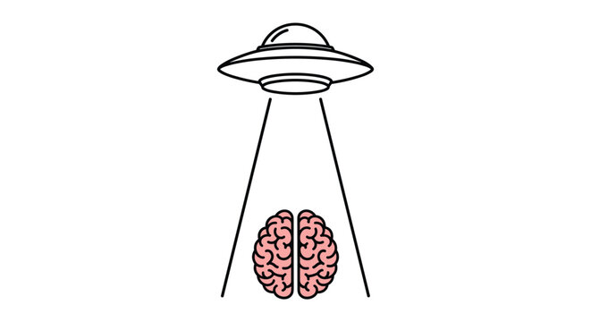 Simple line art illustration of a UFO spaceship abducting a pink human brain with a light beam on a white background.