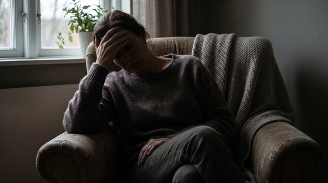Stressed woman sitting in a chair holding her head at home with grief