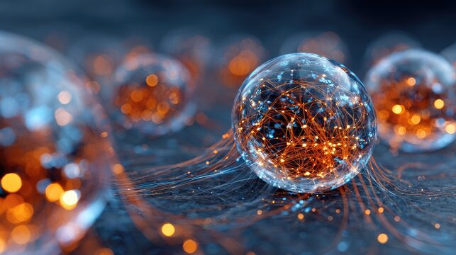 Glowing orbs connected by intricate light streams, representing network
