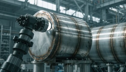 Naklejka premium Medium shot of AIpowered vision system inspecting weld seams on metal components highlighting precision surface flaw detection in industrial quality control processes.