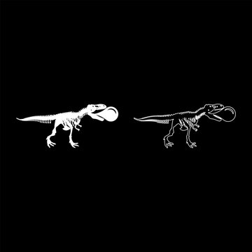 Bubble gum blowing t-rex skeleton dinosaur set icon white color vector illustration image solid fill outline contour line thin flat style