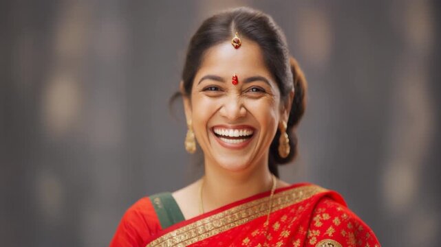 Happy Indian Woman in Traditional Red Sari Smiling
