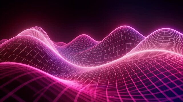 Abstract glowing pink and purple wireframe grid forming undulating waves on a dark background, representing digital data or futuristic landscape.