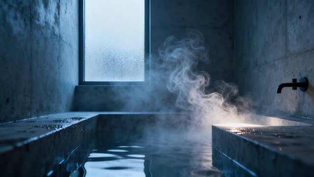 Minimalist bathroom with steaming water in a concrete tub and a window view