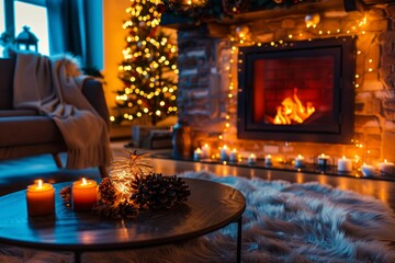 Obraz premium Warm christmas atmosphere in living room with burning fireplace, decorated christmas tree, candles and string lights