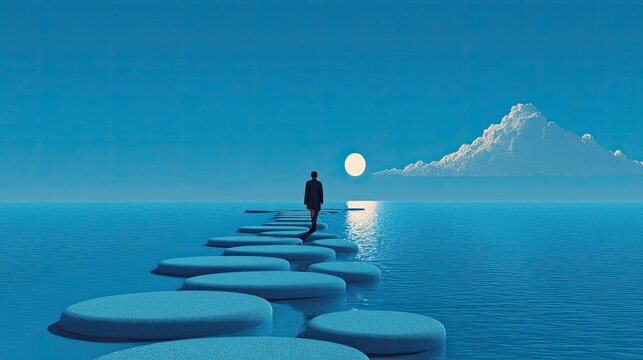 Person walks on stepping stones across calm ocean towards sun