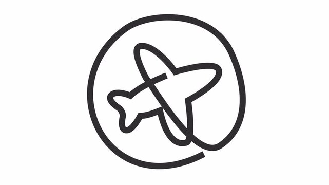 Minimalist airplane circle icon with flight path line art in cartoon animation. Simple black outline airplane for aviation and air travel symbol with minimalist stroke design.