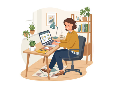 Smiling young woman working remotely on a laptop at her cozy home office desk, surrounded by plants and enjoying a coffee.