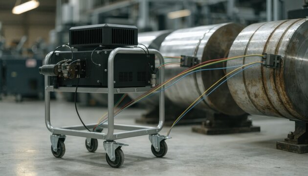 Medium shot of a portable conditionmonitoring test bench deploying IoT sensors to track equipment wear cycles showing compact design and mobile connectivity features.