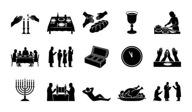 Jewish Holiday Icons Set, Shabbat, Passover, Hanukkah, Rosh Hashanah, Family Gathering, Religious Symbols