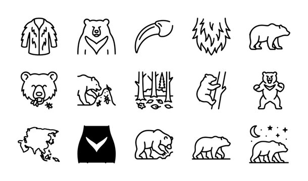Bear Icons Set, Wildlife Vector Graphics, Animal Symbols, Nature Elements, Forest Creatures, Alaska Map