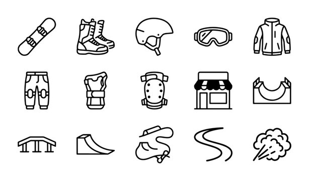 Snowboarding Gear and Park Elements Vector Icons, Winter Sports Equipment Set