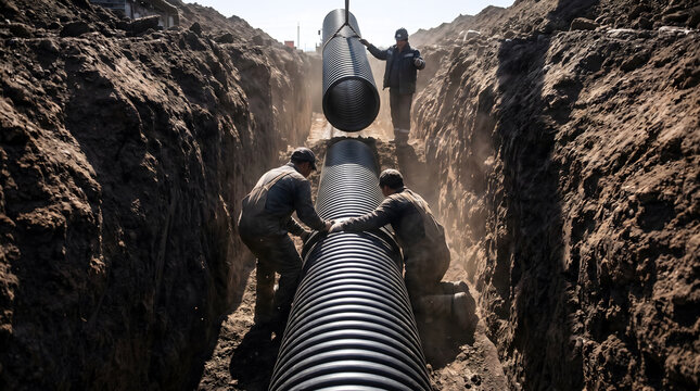 Workers installing large corrugated drainage pipe in deep excavated trench