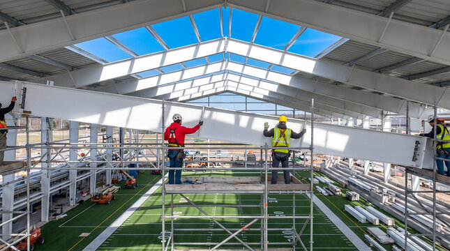 Construction workers installing steel beam panels inside sports facility on scaffolding