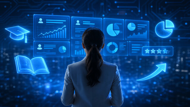Electric blue conceptual education AI classroom stock illustration of a teacher facing floating dashboard of student progress charts and personalized learning paths with glowing cyan holograms