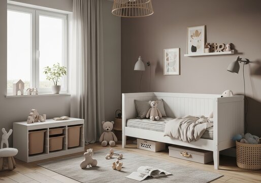 Neutral toned children's bedroom with white daybed, soft toys, and storage unit