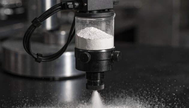 Industrial smallscale powder feeder controlled by an electronic scale ensuring exact micro quantities for advanced material processing.