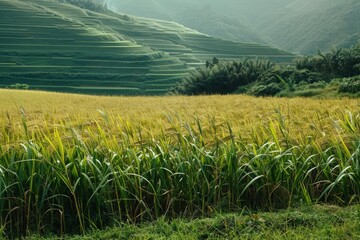 Naklejka premium Scenic landscape showing a golden rice field growing near a terraced hill in asia