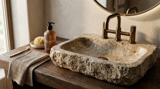 Rustic stone bathroom vanity sink with brass faucet and natural accessories