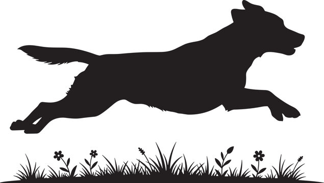 Dog silhouette jumping over grass and flowers energetic pet movement outdoor nature and animal activity illustration