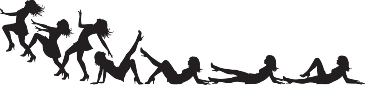 Female silhouettes in dynamic dance and posing sequence showing movement flexibility and expressive body language in artistic lifestyle concept