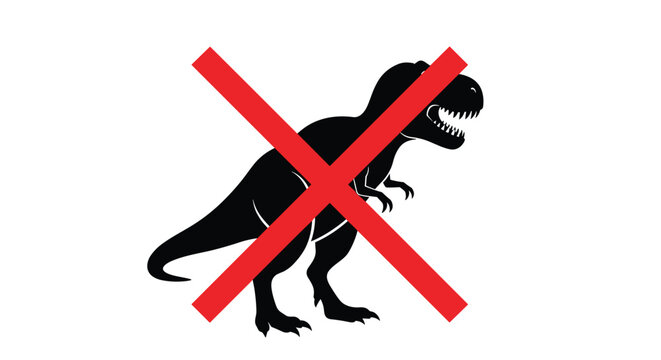 Black silhouette of a Tyrannosaurus Rex dinosaur marked with a bold red cross sign indicating extinction or prohibition.