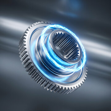 Glowing synchronizer hub gear with blue energy rings on dark background