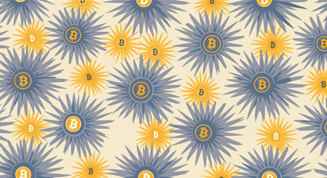 Decorative pattern featuring blue and yellow sunburst graphics containing the Bitcoin cryptocurrency logo on a light base.