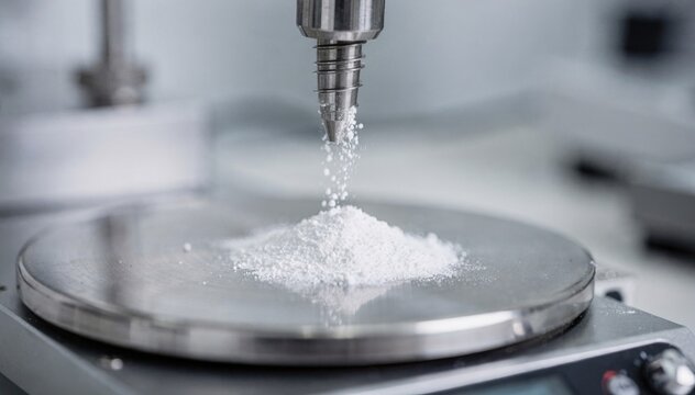 Closeup of a precision screw feeder adjusting microdosed powder flow on a digital balance for pharmaceutical formulation accuracy.