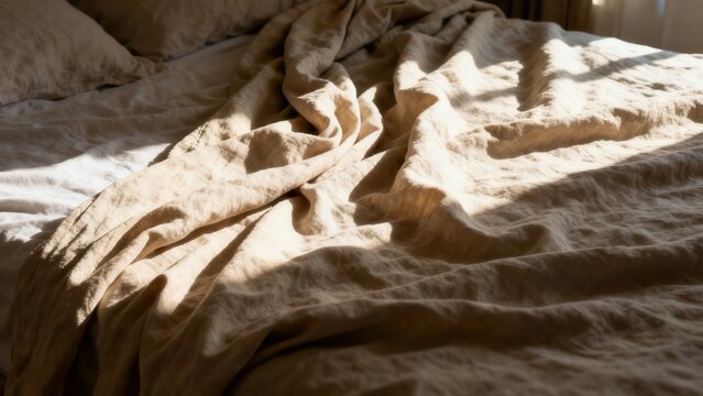 Sunlight streams across an unmade bed with rumpled linen sheets in a cozy bedroom setting