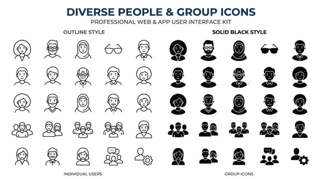 Diverse collection of professional avatar icons featuring various people and group interface symbols presented in both clean outline and solid black styles for modern digital user interface design web