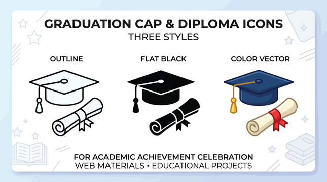 Graduation cap and diploma icons featuring three distinct artistic styles including outline flat black and color vector representations designed for professional academic achievement celebration proje