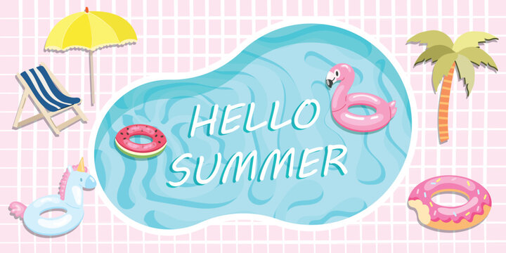 Hello Summer tropical pool float illustration in pastel kawaii style