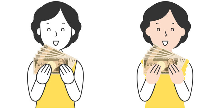 お金を持って喜ぶ笑顔の日本人主婦のベクターイラスト