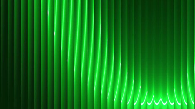 Abstract ribbed glass lines with flowing gradient blending intense green doomsday colors. Liquid vertical gradient flow and rotate across layered geometry for futuristic visual.