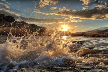 Fototapeta premium Water splashes in a river at sunset with golden light shining through clouds
