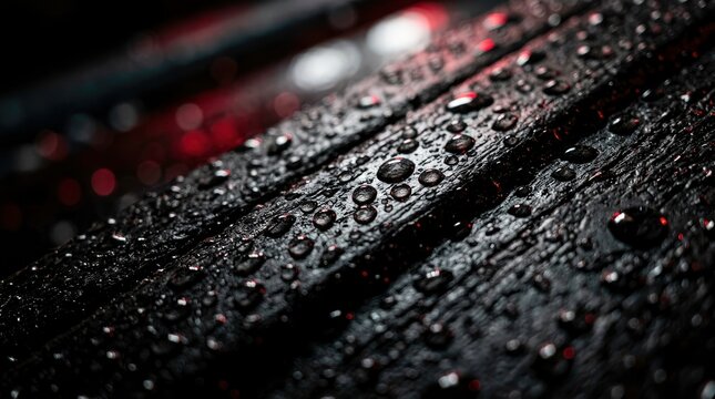 Close-up of wet wood with water drops, black and moody texture.