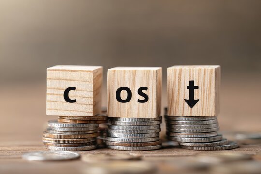 Wooden blocks spelling "COST" with a downward arrow sit atop stacks of coins