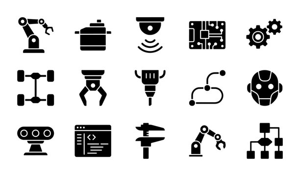 Industrial Automation Icons Set: Robotics, Machinery, Technology, Engineering, Manufacturing