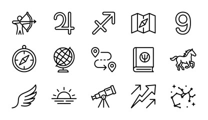Astrology, Navigation, and Exploration Icons: Zodiac, Globe, Compass, Telescope, Horse © Mitu