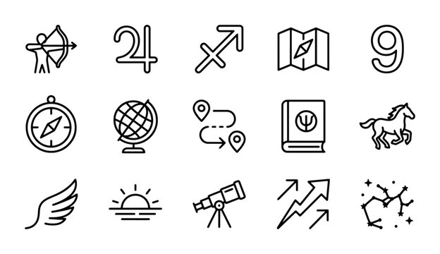 Astrology, Navigation, and Exploration Icons: Zodiac, Globe, Compass, Telescope, Horse