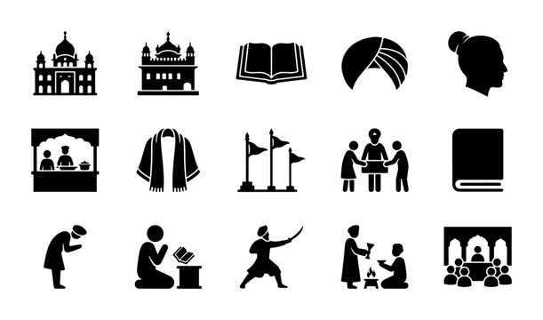 Sikhism Icons Set: Golden Temple, Turban, Scripture, Worship, Culture, 15 Vector Elements