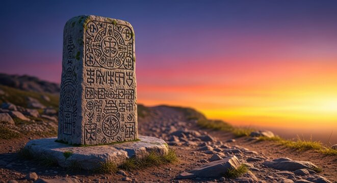 Ancient weathered marker stone placed along a rugged path, symbolizing the completion or continuation of a long spiritual journey, devotion, ancient, hiking