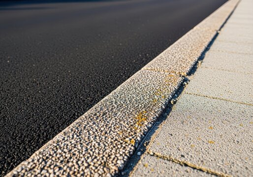 Closeup view of a weathered concrete curbstone running alongside a freshly paved asphalt road, marking the edge of a public walkway, smooth, city, gray