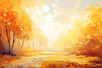 Fototapeta premium Impressionistic painting showing a path winding through a vibrant golden autumn forest