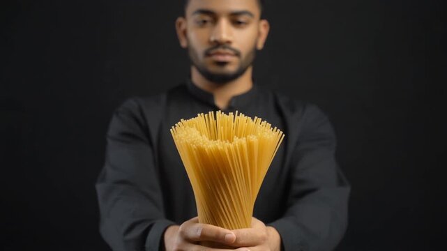 Man Holding a Bunch of Dry Spaghetti Pasta
