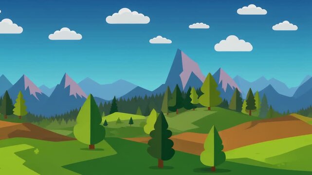Flat Vector Landscape Motion Loop with Rolling Hills and Forest