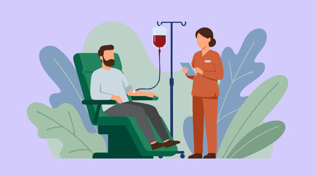 Nurse caring for patient during blood transfusion or intravenous therapy illustration