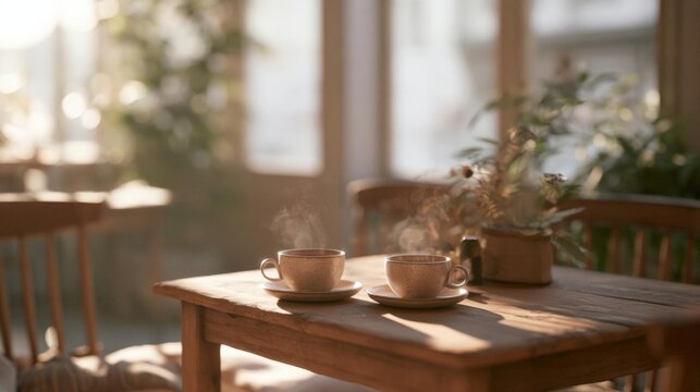 Wooden table with two cups of coffee on it. the cups are placed on saucers and there is a small potted plant on the table. the table is in front of a large window with a view of greenery outside.