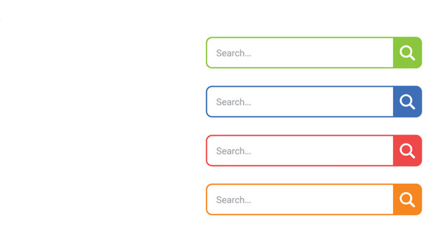 Set of four colorful website search bar templates with magnifying glass icons for user interface design projects and digital navigation elements for web development and software applications